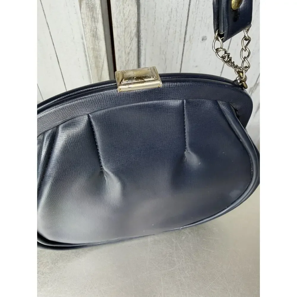 Vintage 1960s Navy Purse Bag Snap Frame Faux Leather Hollywood Glam